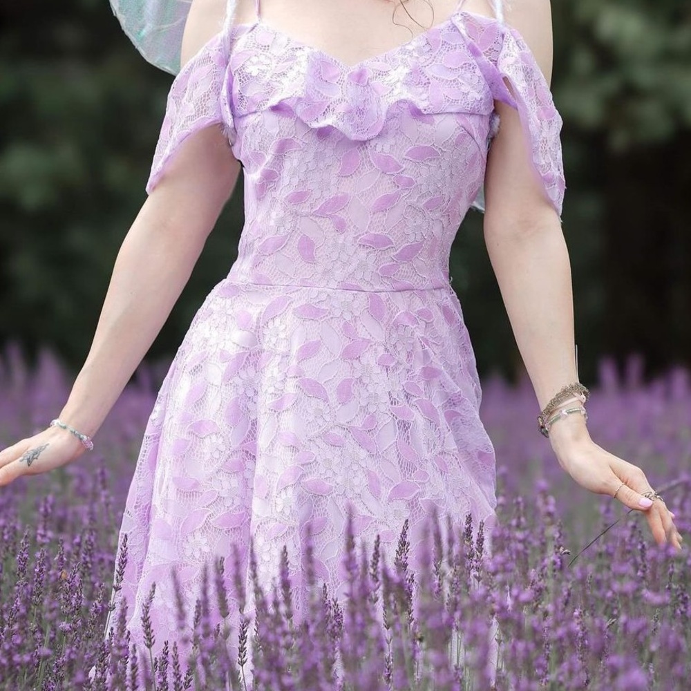 Lavender Purple Fairycore Floral Lace Midi Dress